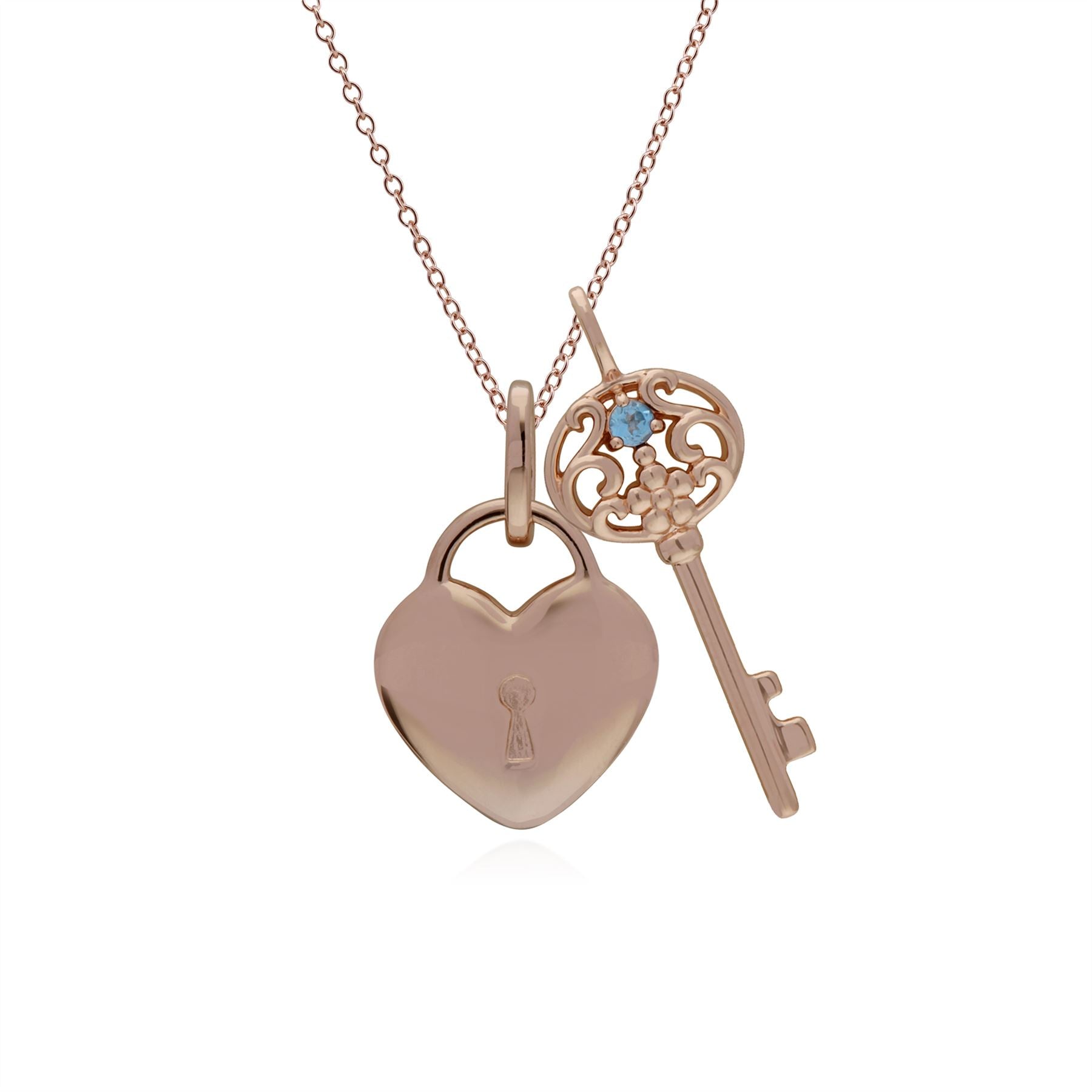 Ciondolo classico con lucchetto a cuore in argento 925 placcato oro rosa e grandi ciondoli con chiave in topazio blu