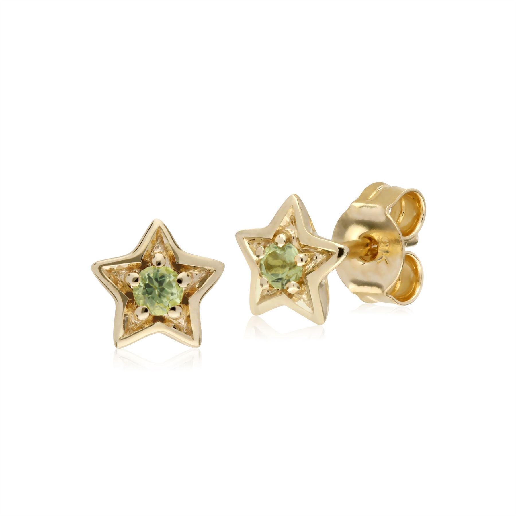 Orecchini con peridoto, orecchini a bottone con stella in pietra singola con peridoto in oro giallo da 9 ct