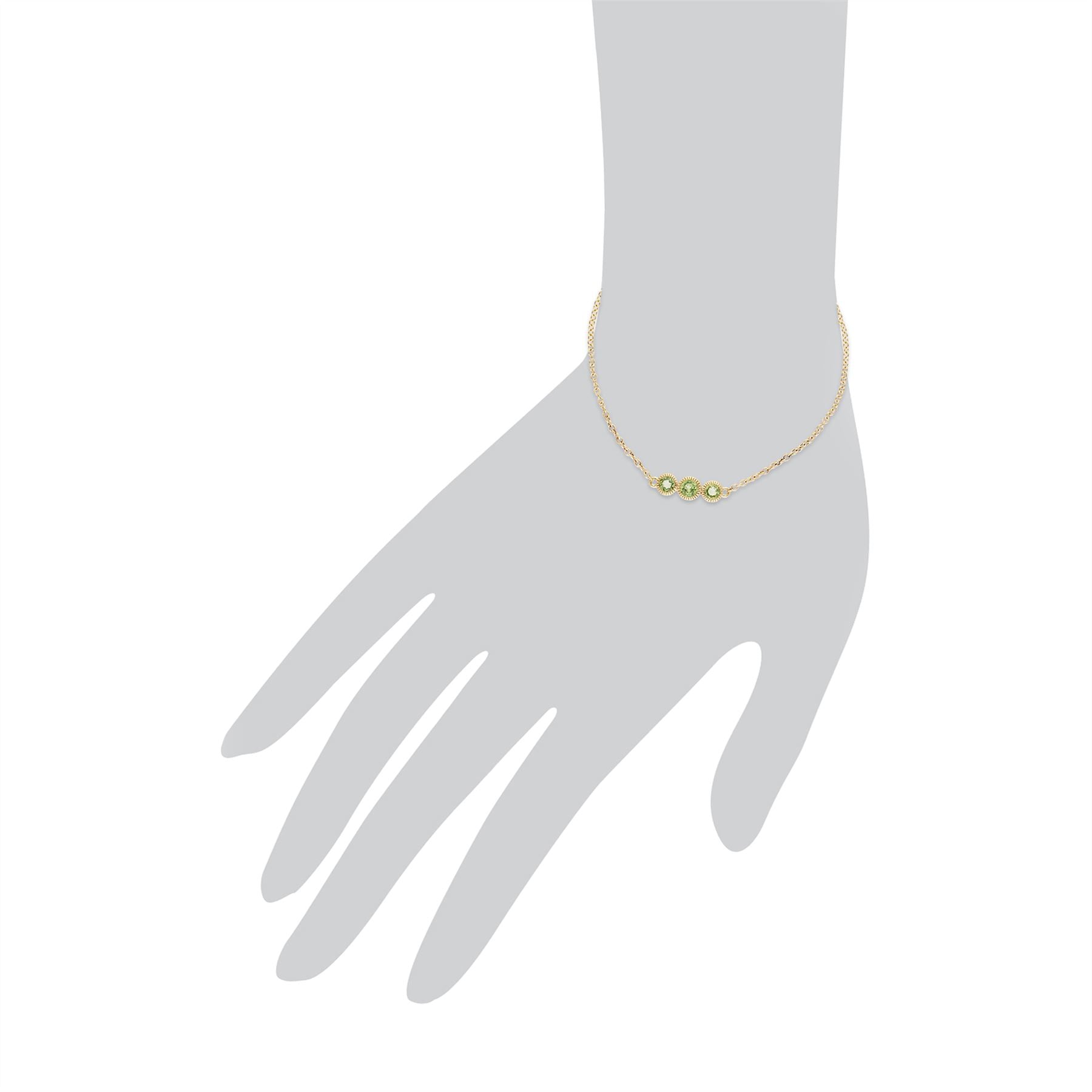 Bracciale con peridoto, bracciale con tripla pietra rotonda Milgrain da 19 cm in oro giallo con peridoto da 9 ct