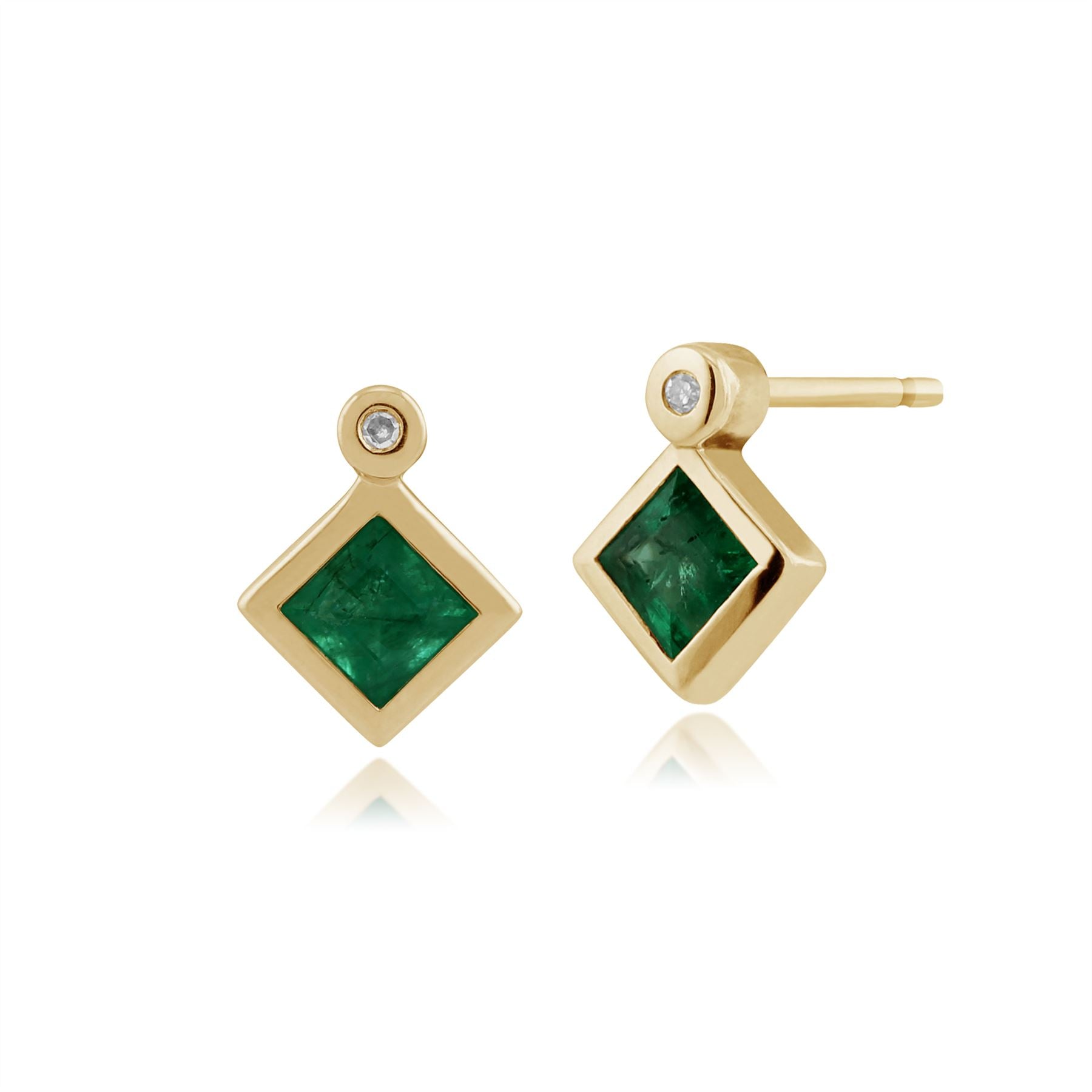 Orecchini classici con smeraldo quadrato e diamante incastonato in oro giallo 375