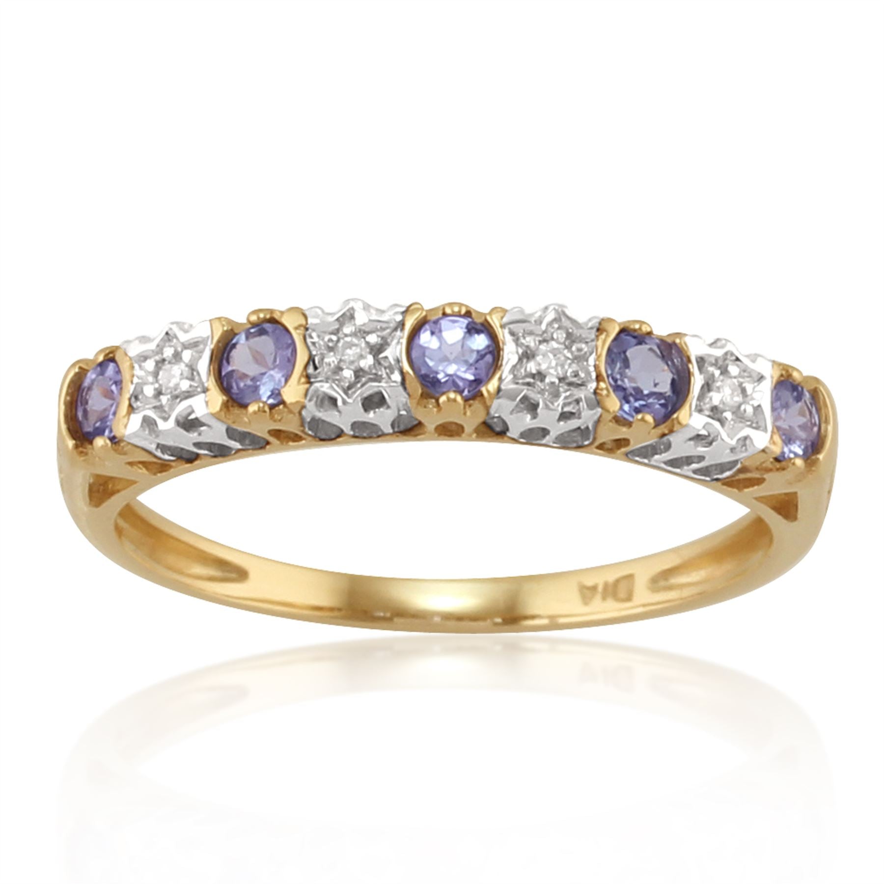 Orecchini a mezzo cerchio e classico anello a mezza veretta in oro giallo 375 con tanzanite rotonda e diamante