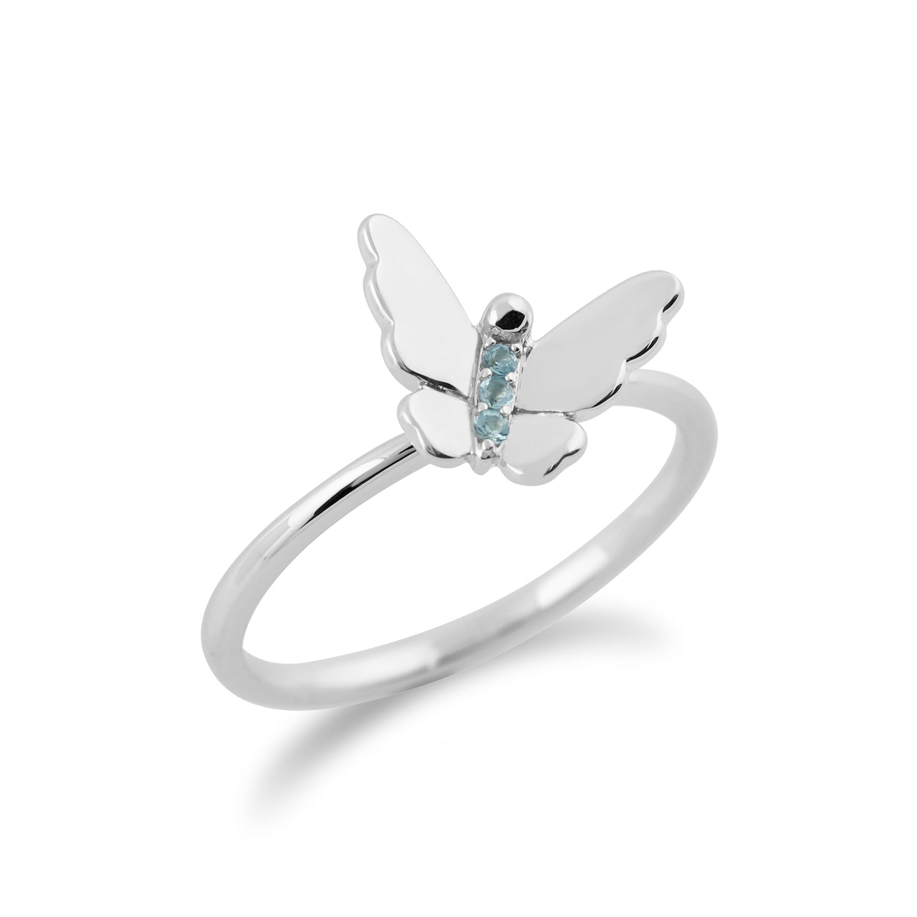 Anello Gemondo con topazio azzurro, anello a farfalla impilabile con topazio azzurro da 9 ct in oro bianco da 0,03 ct
