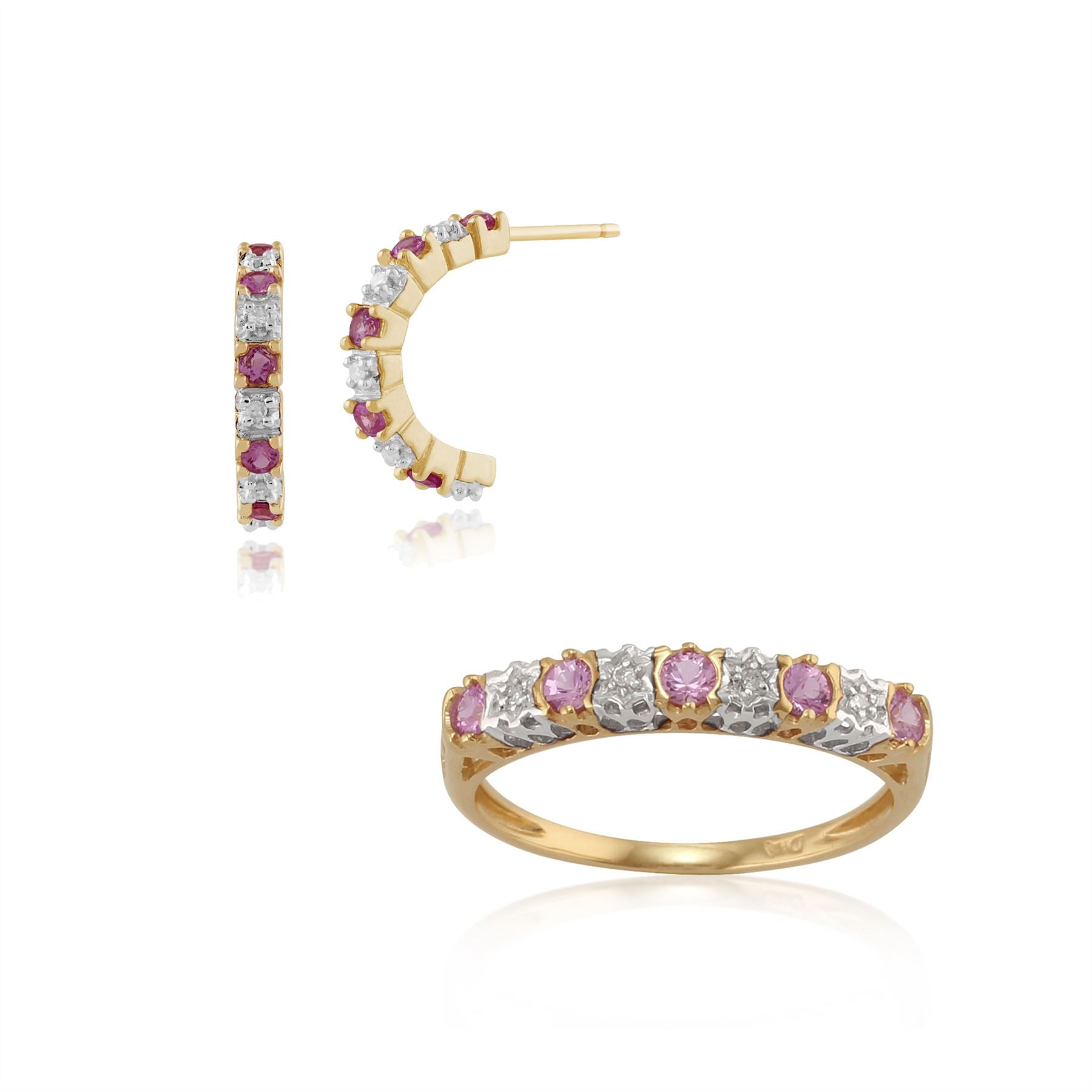 Orecchini a mezzo cerchio e classico anello Half Eternity in oro giallo 375 con zaffiro rosa rotondo e diamante