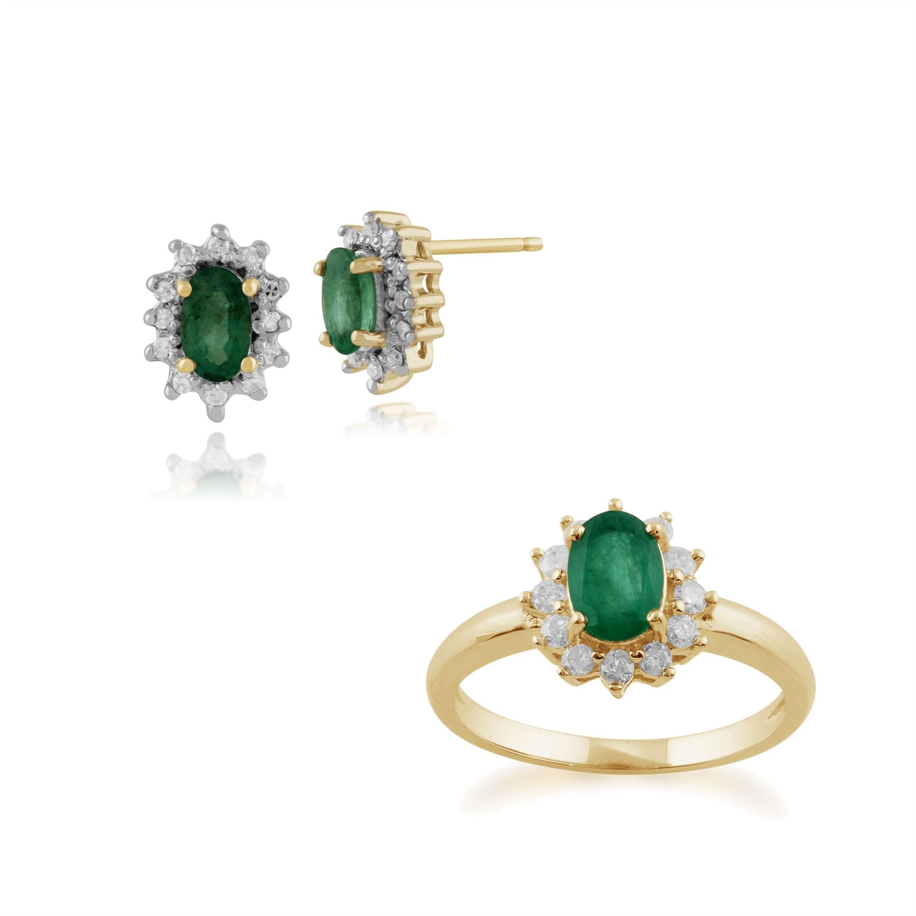 Orecchini a bottone e anello ovali classici in oro giallo 375 con smeraldi e diamanti a grappolo