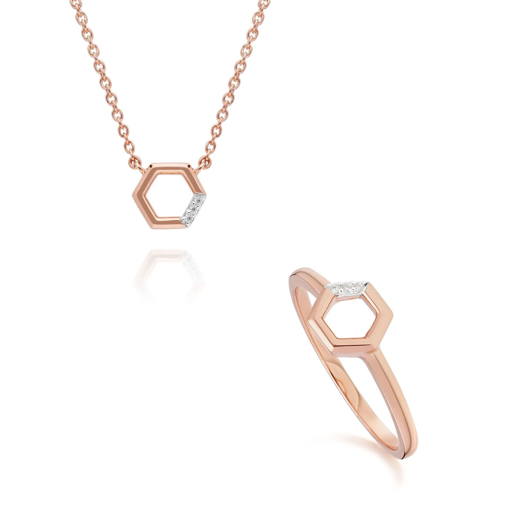 Anello e collana in oro rosa 375 con diamanti e pavé di diamanti esagonali