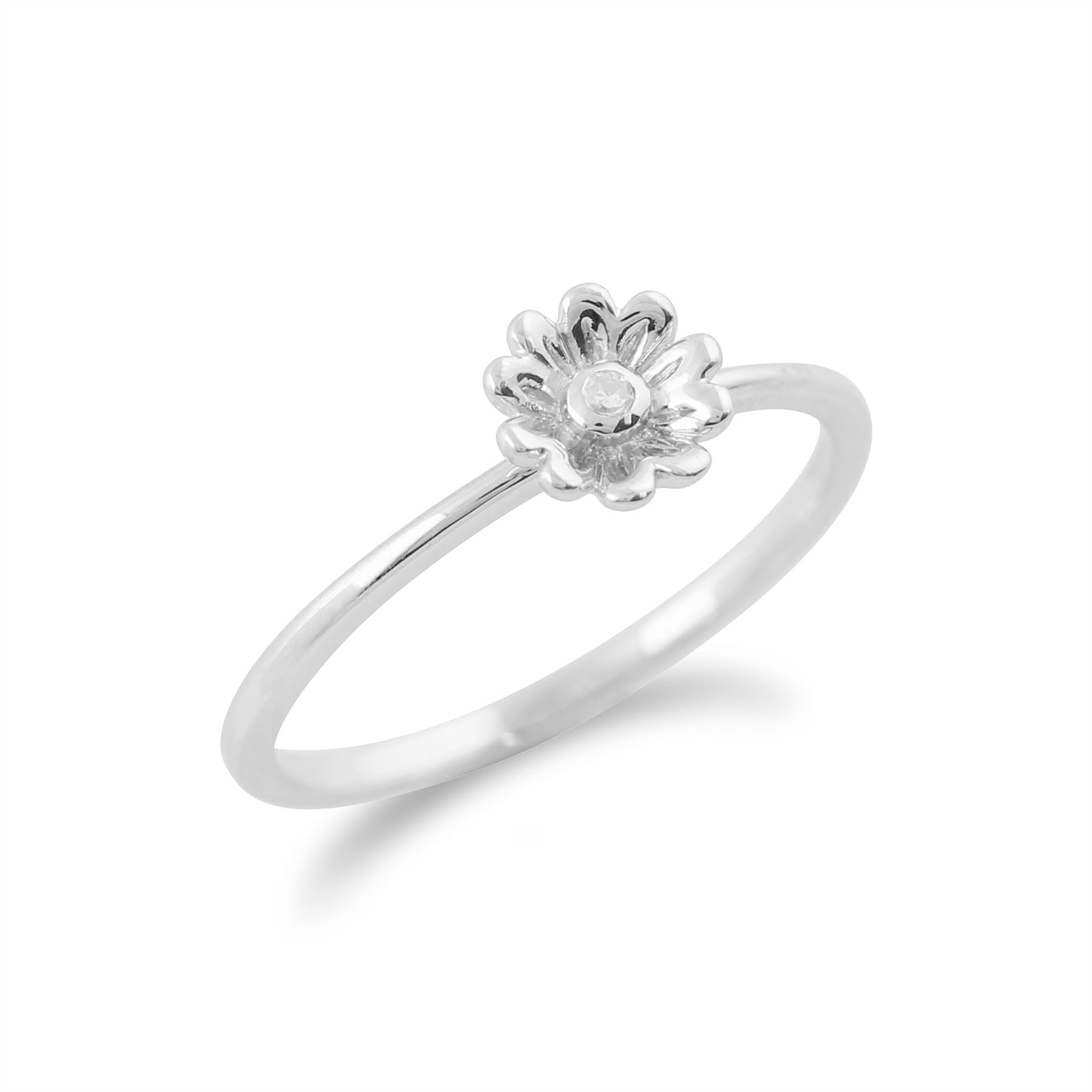 Anello con diamante Gemondo, anello a fiore impilabile con diamante da 0,01 ct in oro bianco da 9 ct