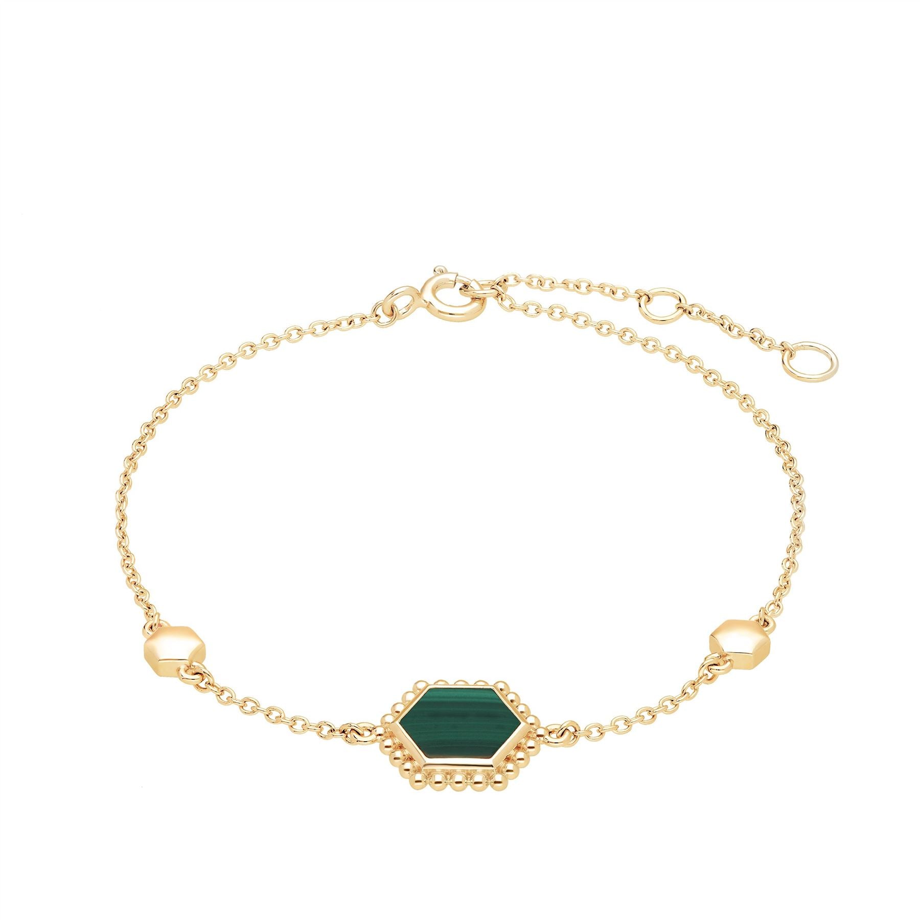 Bracciale esagonale a fetta piatta in argento 925 placcato oro con malachite
