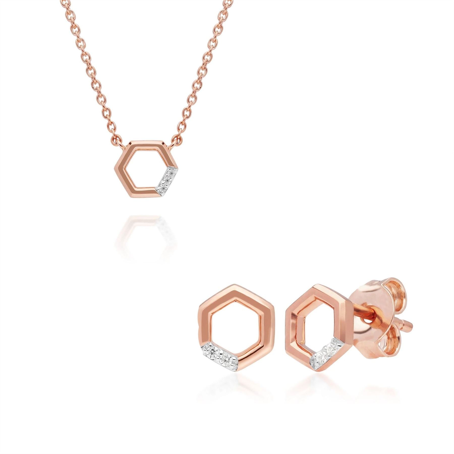 Collana e orecchini a lobo con diamanti esagonali in oro rosa 375 con pavé di diamanti