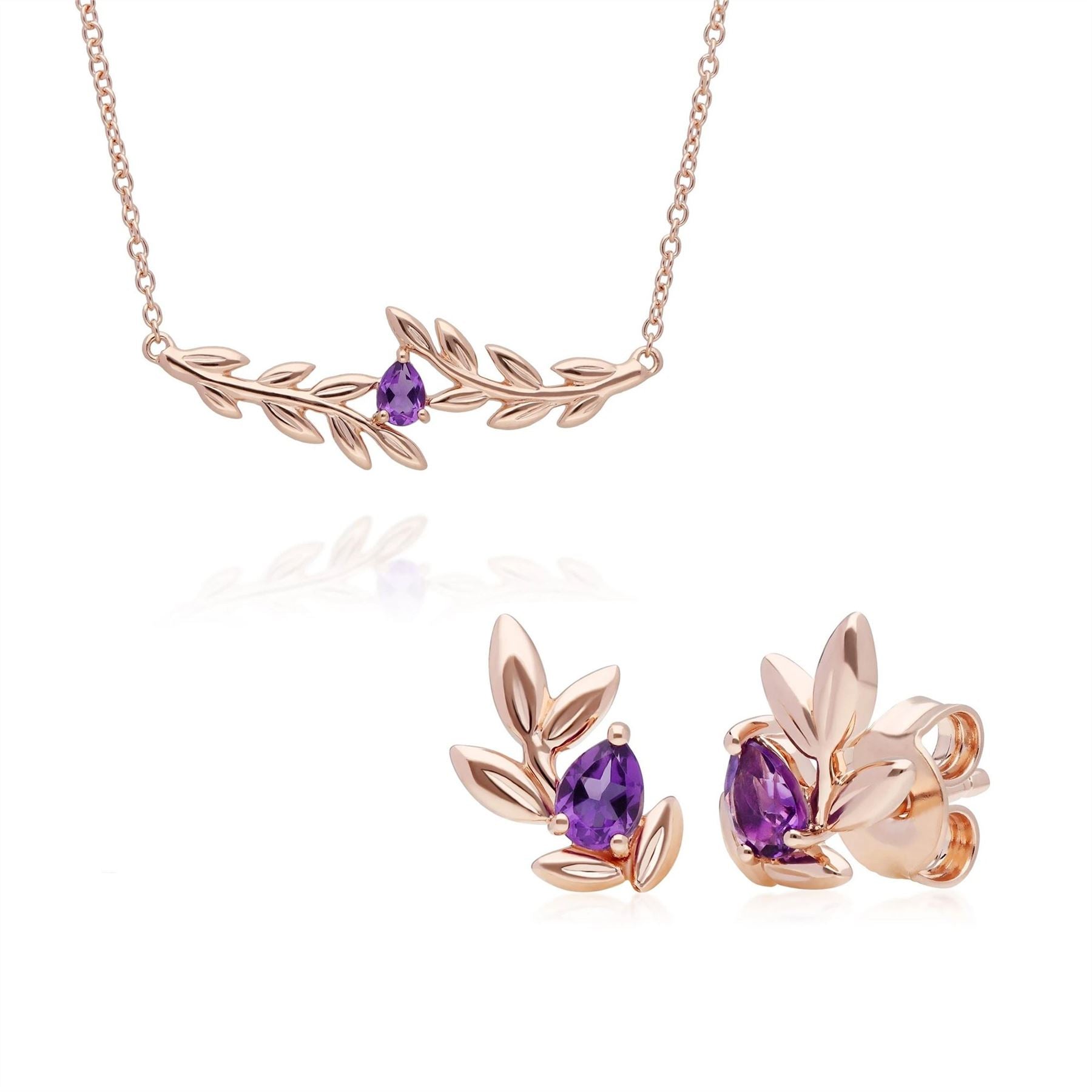 Collana e orecchini Ramo d'Ulivo O Leaf con ametista in oro rosa 375