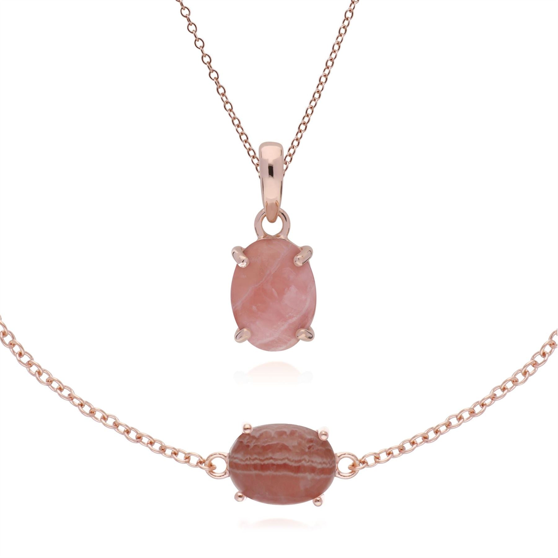Classico pendente e bracciale ovale in rodocrosite placcato oro rosa in argento 925