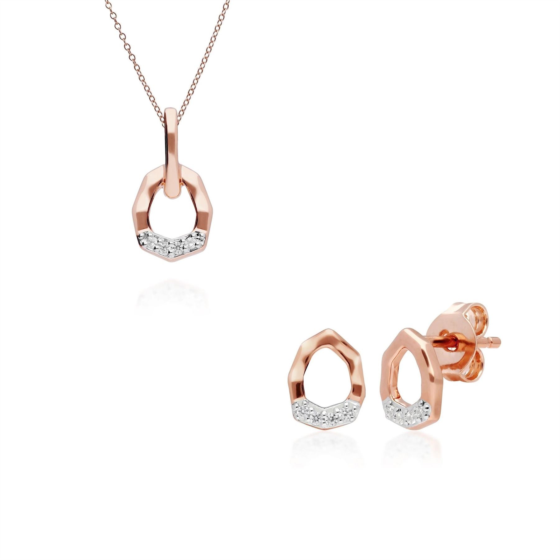 Ciondolo e orecchini asimmetrici in oro rosa 375 con pavé di diamanti