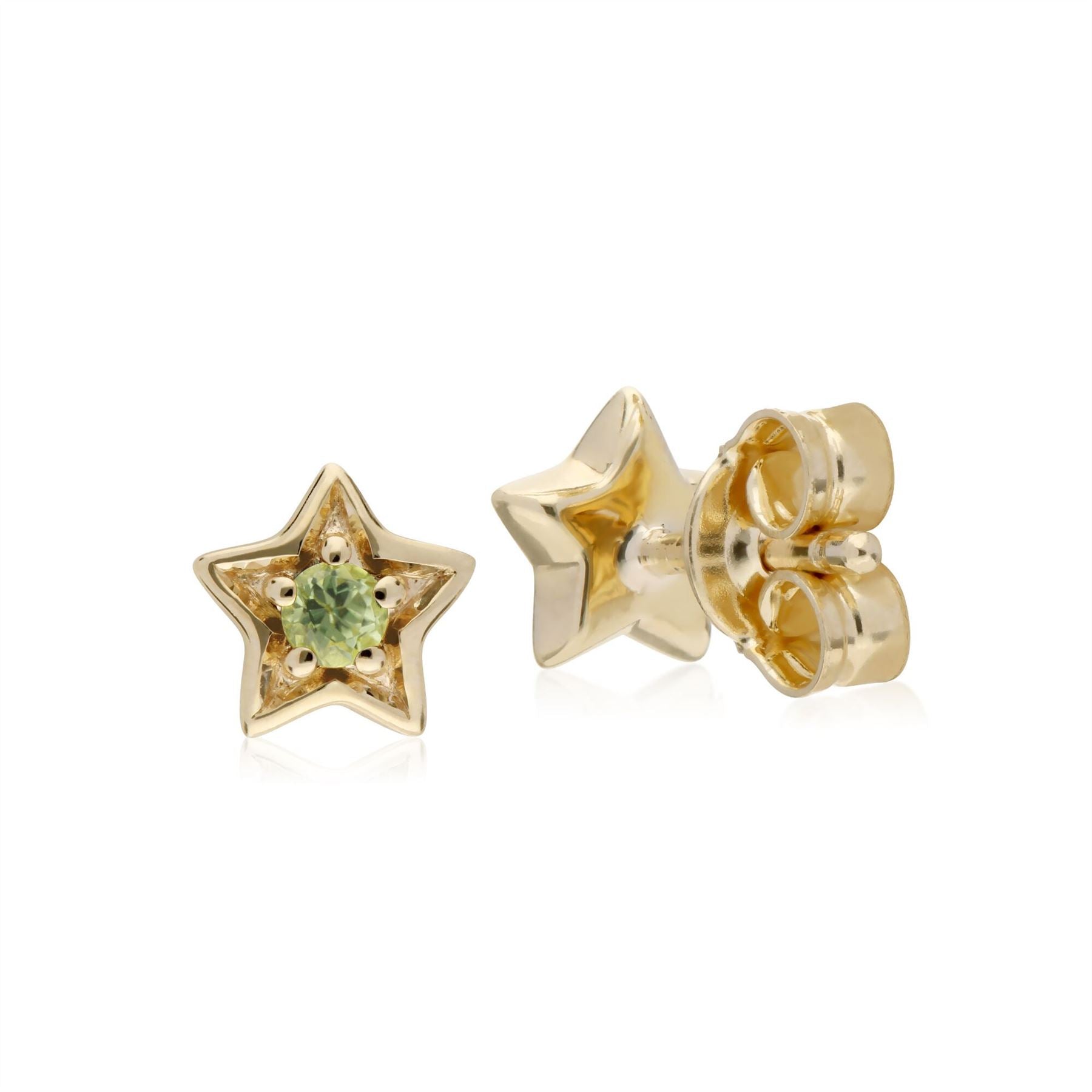 Orecchini con peridoto, orecchini a bottone con stella in pietra singola con peridoto in oro giallo da 9 ct