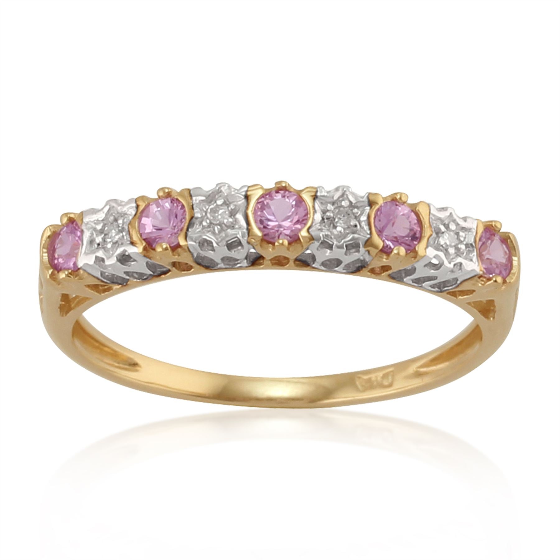 Orecchini a mezzo cerchio e classico anello Half Eternity in oro giallo 375 con zaffiro rosa rotondo e diamante