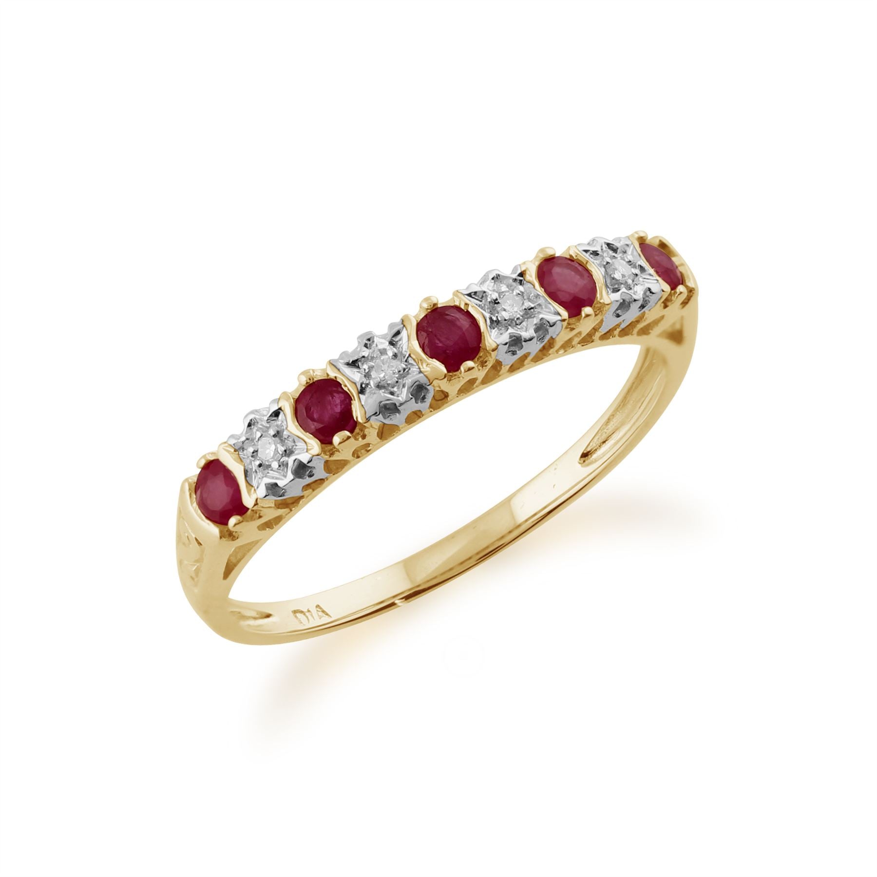 Anello classico mezza eternità in oro giallo 375, rubino e diamante
