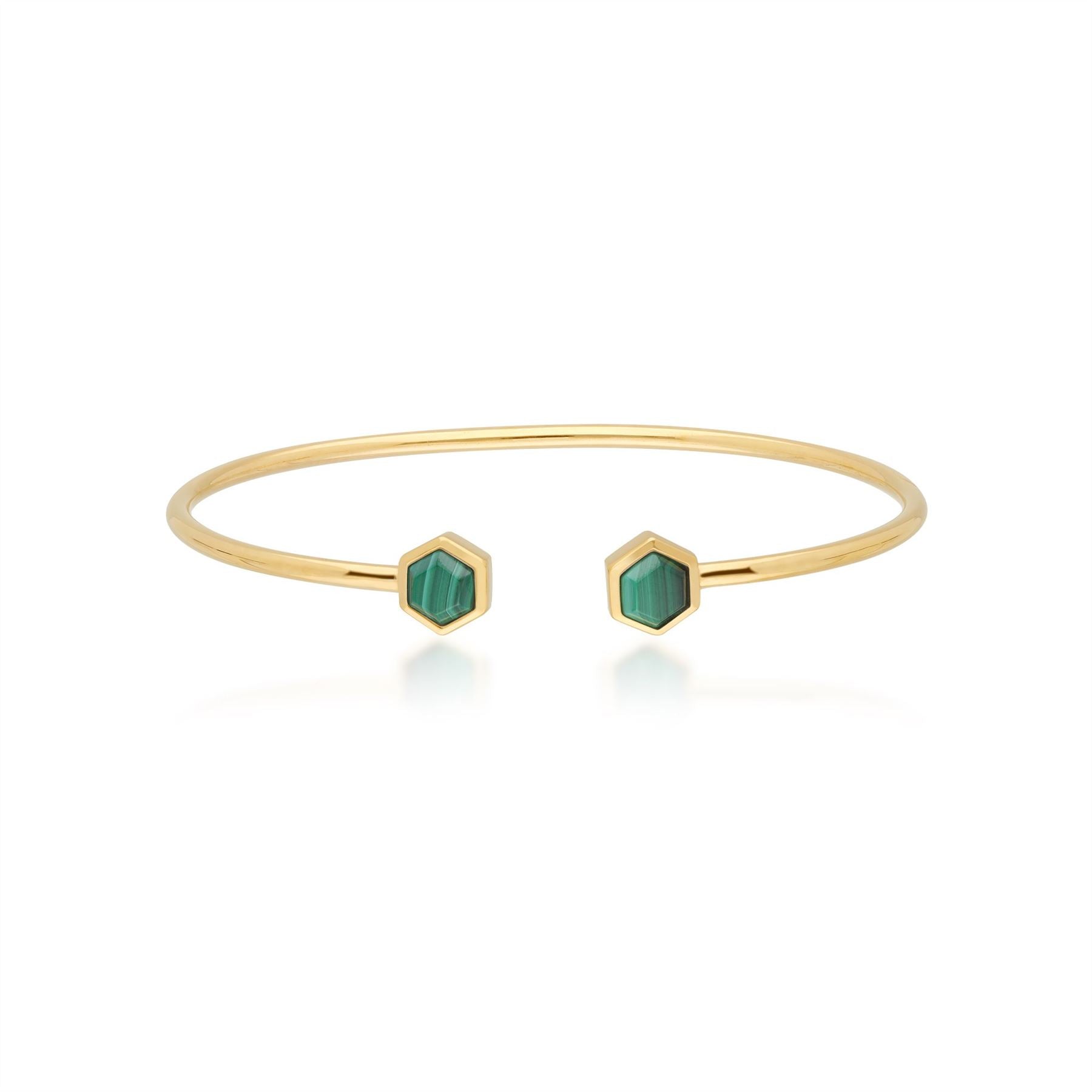 Bracciale rigido geometrico in argento 925 con esagono di malachite placcato oro giallo