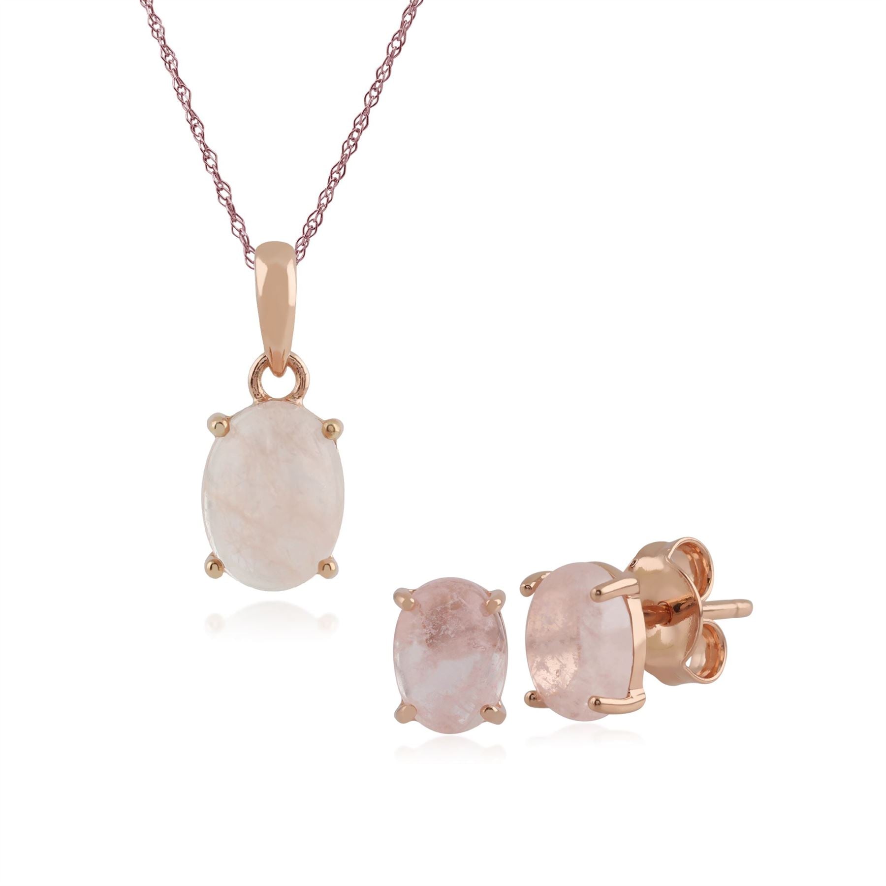 Collana e orecchini classici a bottone ovale Argento 925 placcato oro rosa Morganite opaca