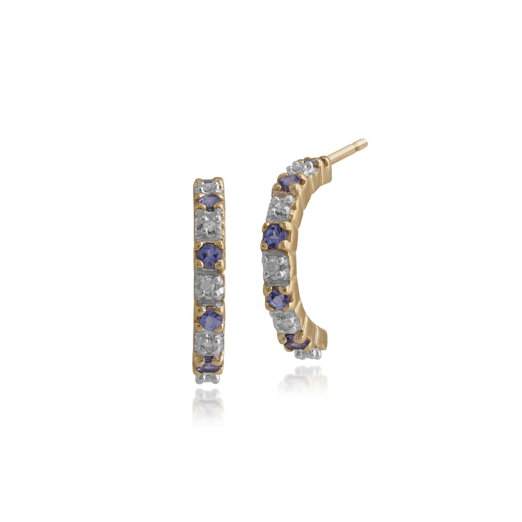 Orecchini a mezzo cerchio e classico anello a mezza veretta in oro giallo 375 con tanzanite rotonda e diamante