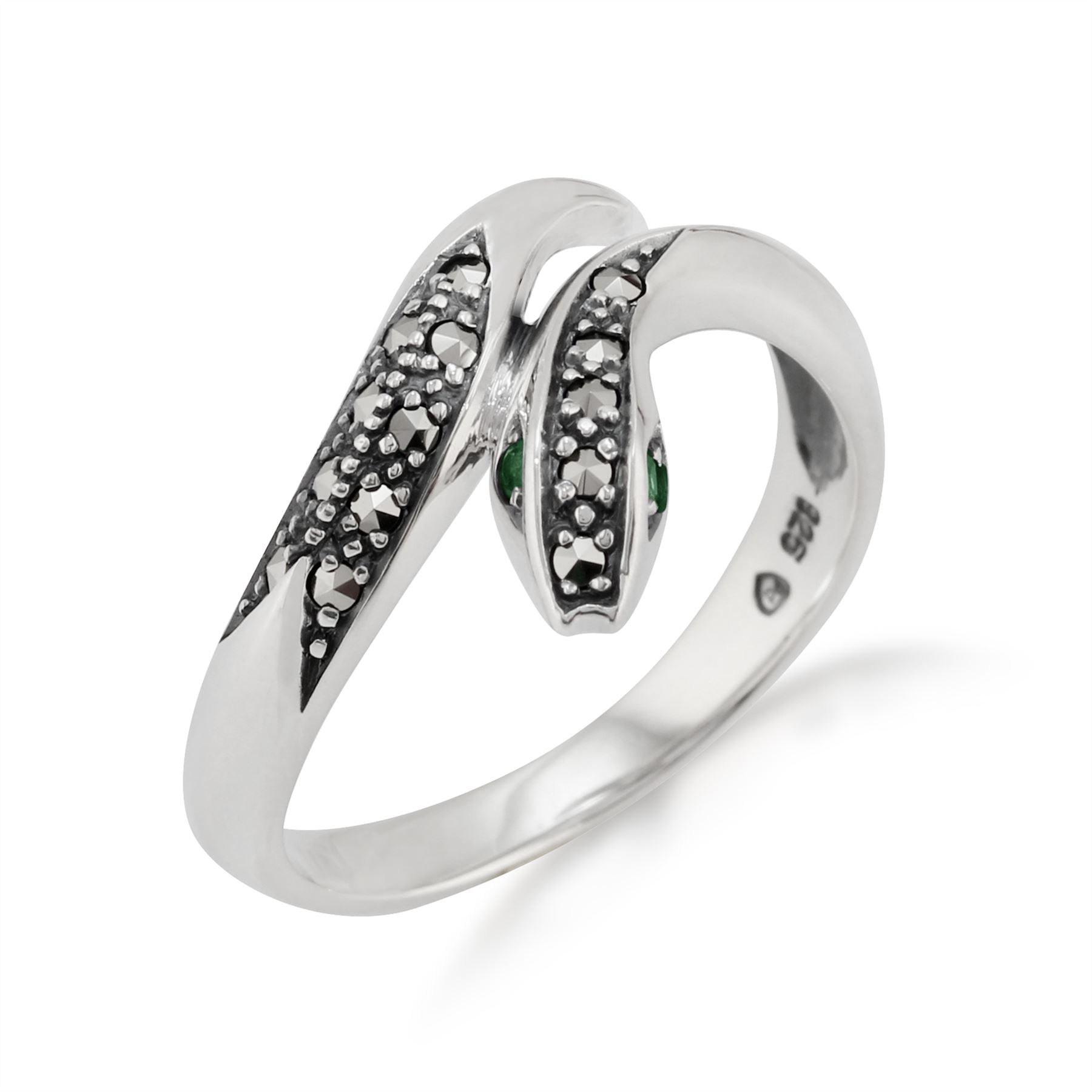 Anello Serpente in Stile Art Nouveau in Argento 925 con Smeraldo e Marcasite