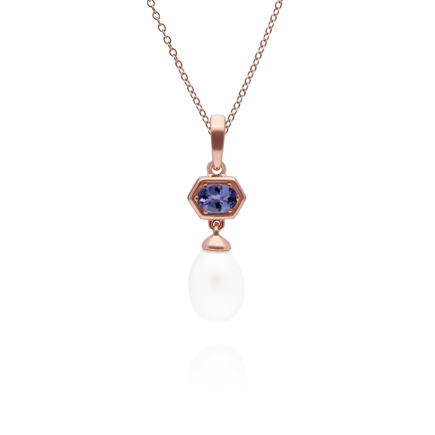Ciondolo Perla Moderna Argento 925 Placcato Oro Rosa Perla e Tanzanite Esagonale