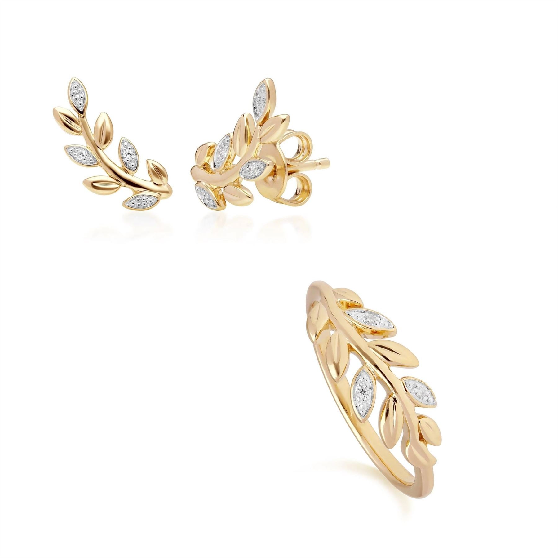Anello e orecchini con diamanti in oro giallo 375 O Leaf