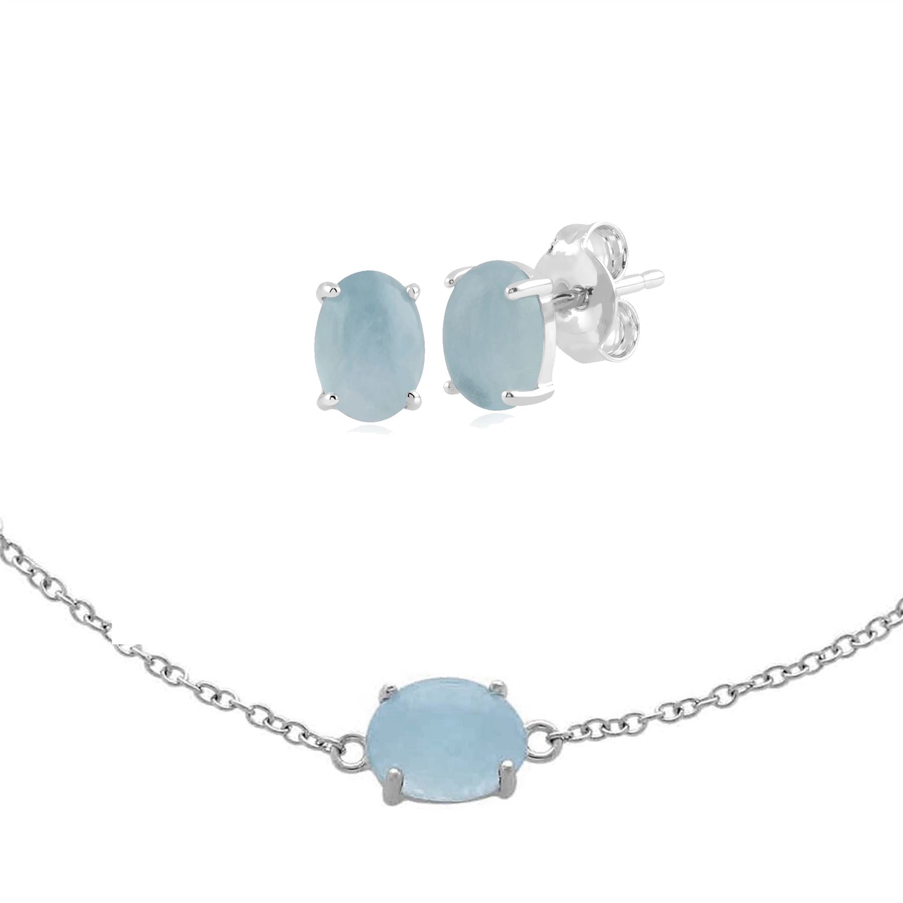 Orecchini a lobo e Bracciale Classico in Argento 925 Opaco Acquamarina Ovale