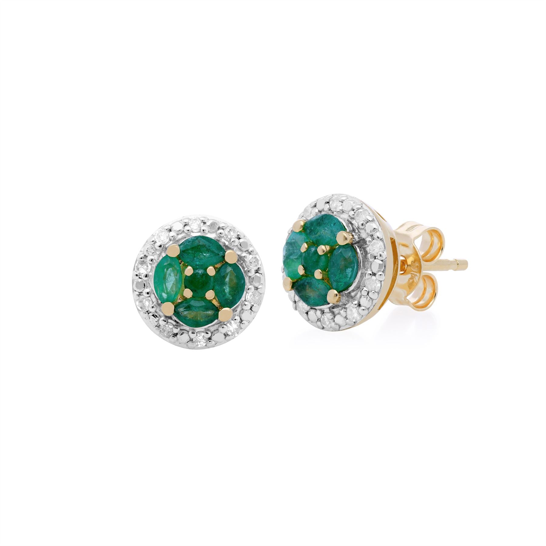 Orecchini a bottone classici in oro giallo 375 con smeraldo marquise e diamante Halo