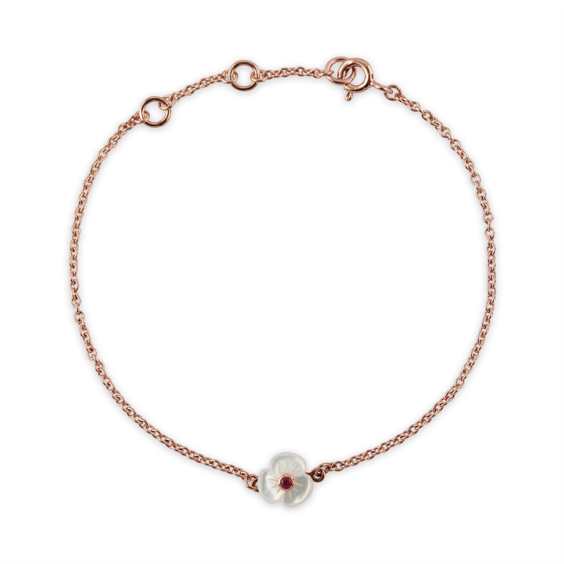 Bracciale Floreale Poppy Argento 925 Placcato Oro Rosa Madreperla e Rubino