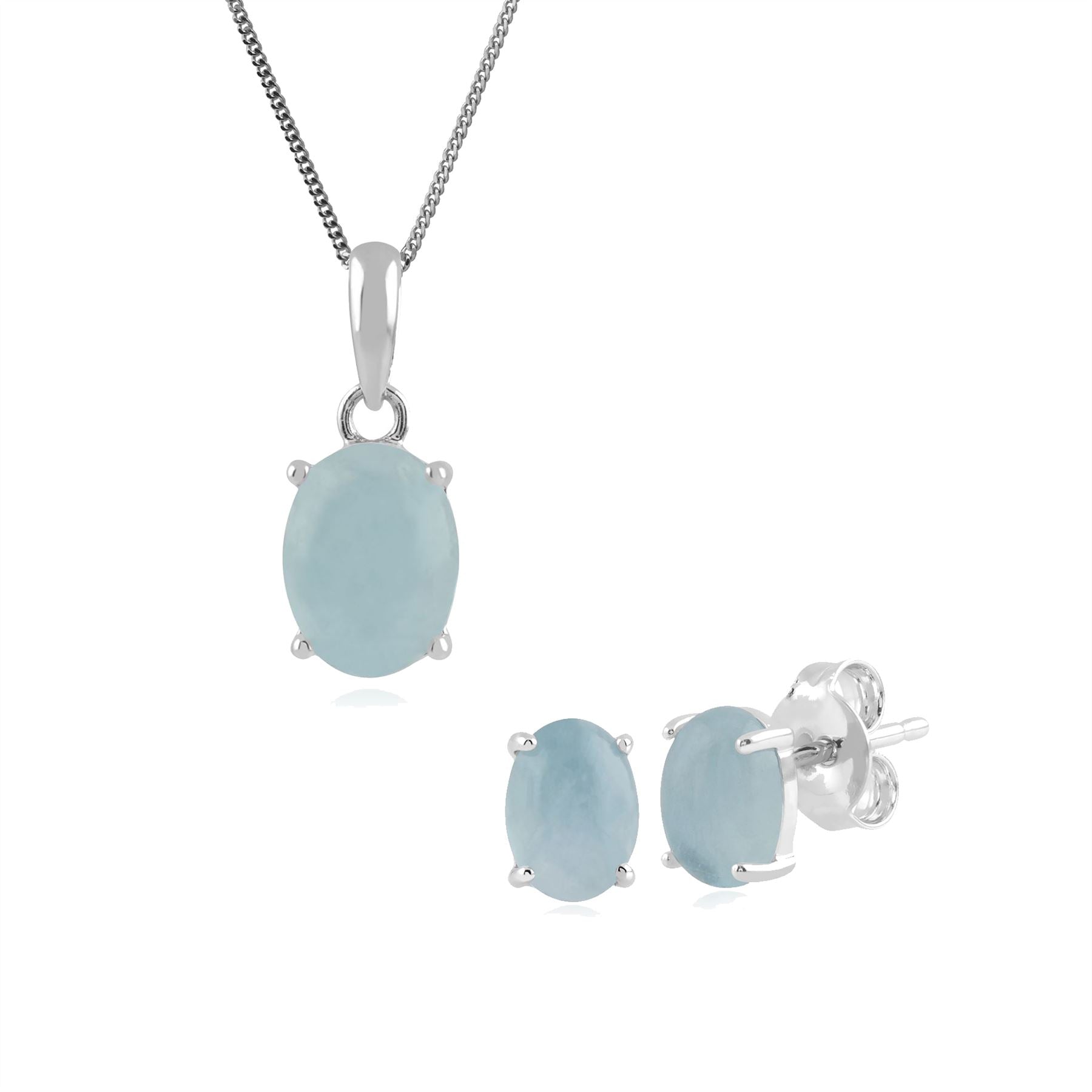 Classici orecchini ovali e pendente collana con acquamarina opaca in argento 925