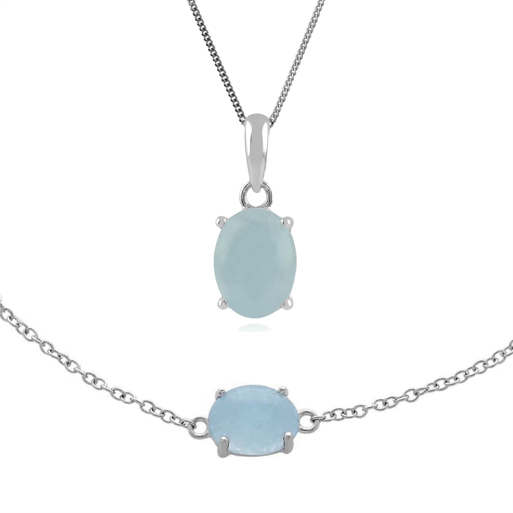 Classico pendente e bracciale ovale opaco con acquamarina in argento 925