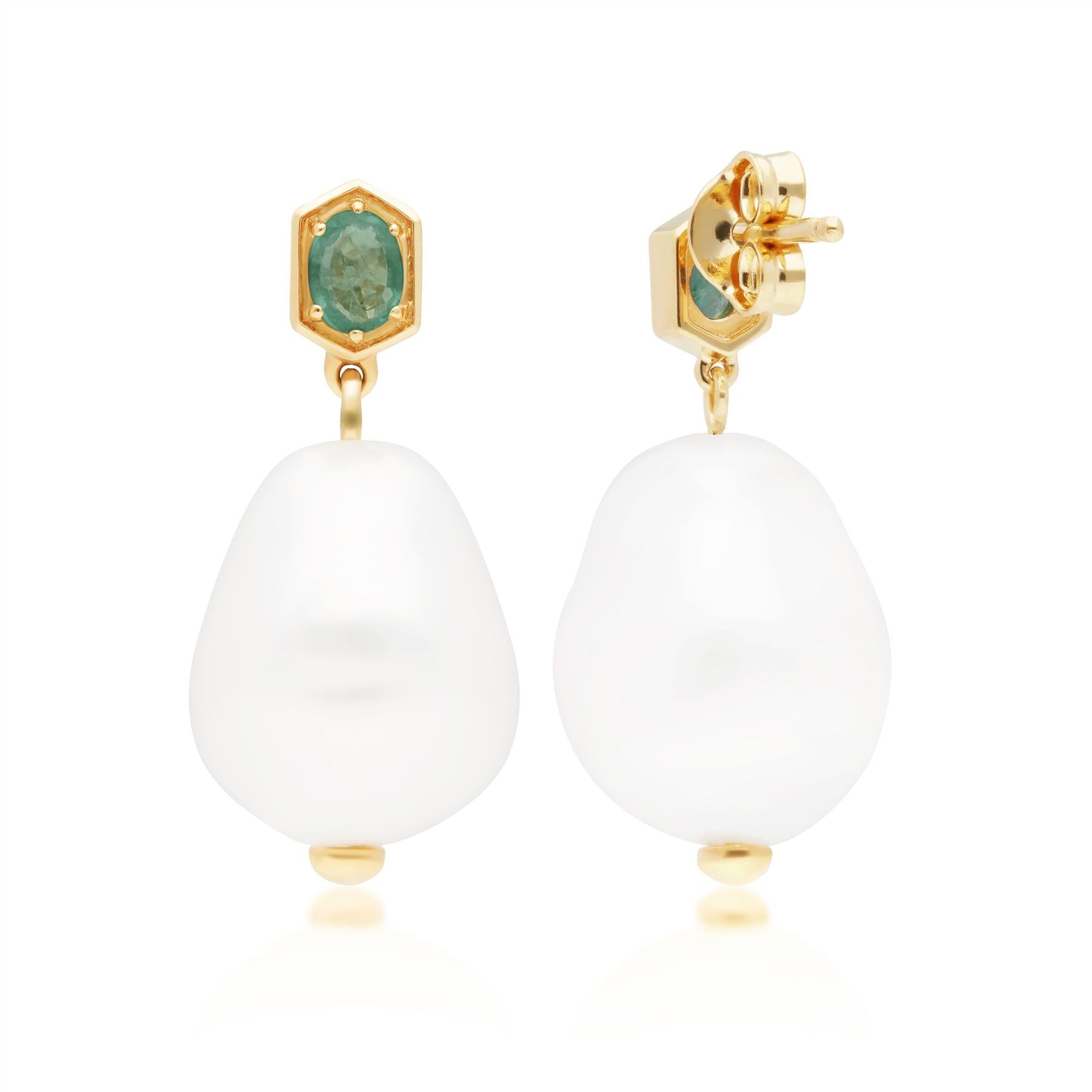 Moderni orecchini pendenti con perle barocche e smeraldi in argento 925 placcato oro