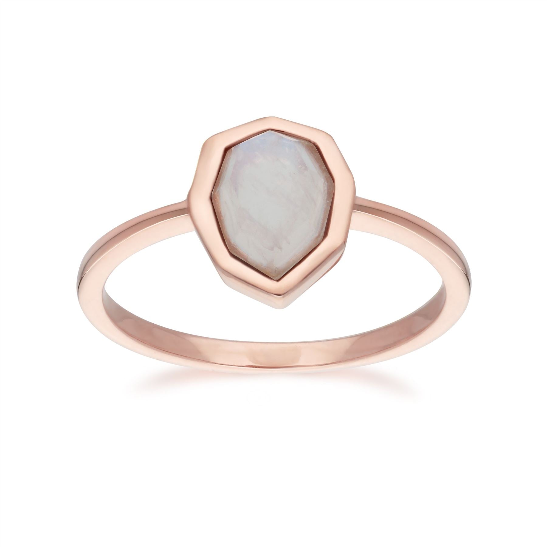 Anello con gemma B irregolare in argento 925 placcato in oro rosa con pietra di luna arcobaleno