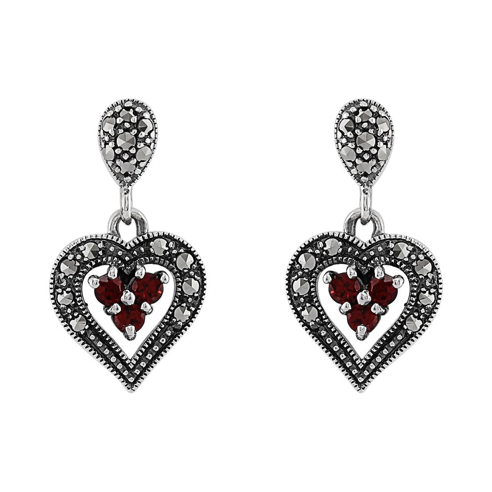 Ciondolo a cuore in stile Art Déco e orecchini pendenti in argento 925 con granato rotondo e marcasite