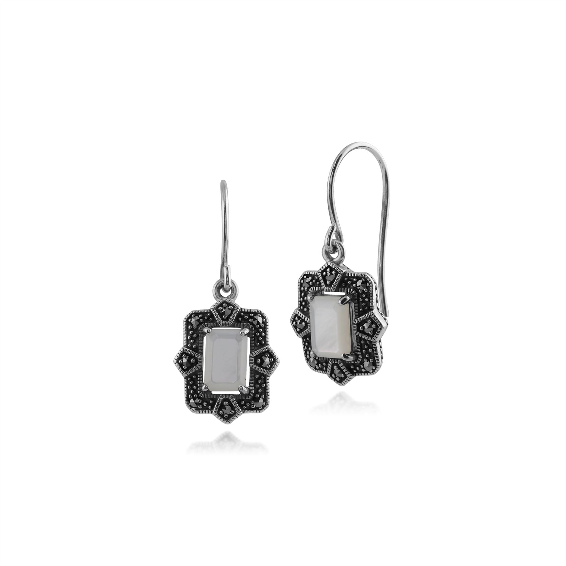Orecchini pendenti e anello in stile Art Déco Argento 925 Madreperla Baguette e castone in marcasite