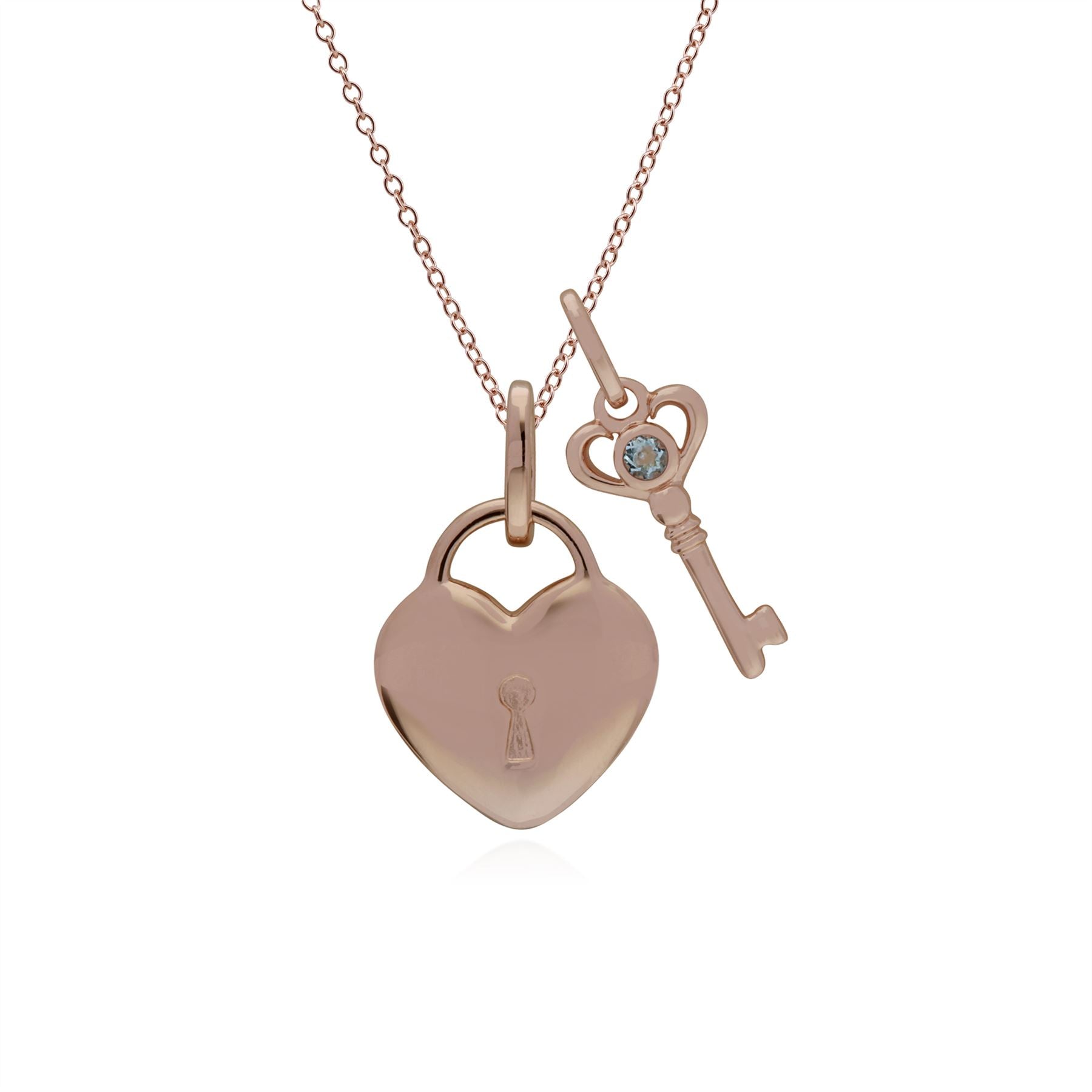 Ciondolo classico con lucchetto a cuore in argento 925 placcato oro rosa e ciondoli chiave acquamarina