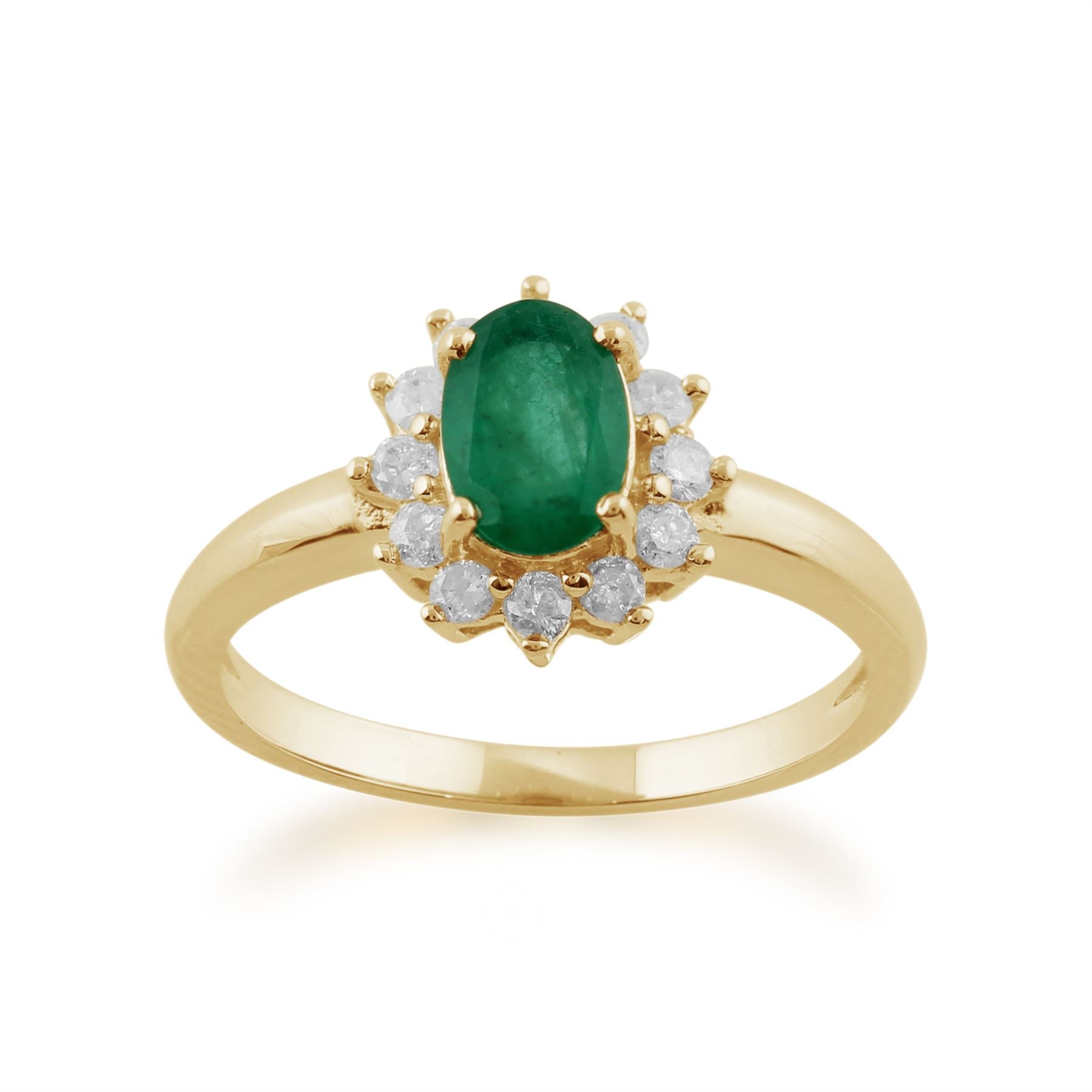 Anello Gemondo con smeraldo, anello classico a grappolo ovale in oro giallo da 9 ct con smeraldo da 0,83 ct e diamanti