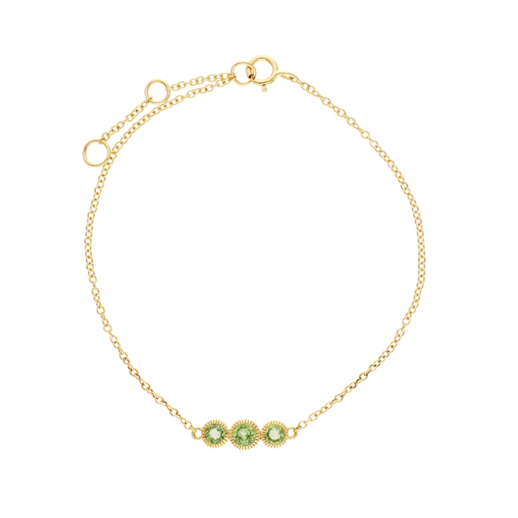 Bracciale con peridoto, bracciale con tripla pietra rotonda Milgrain da 19 cm in oro giallo con peridoto da 9 ct