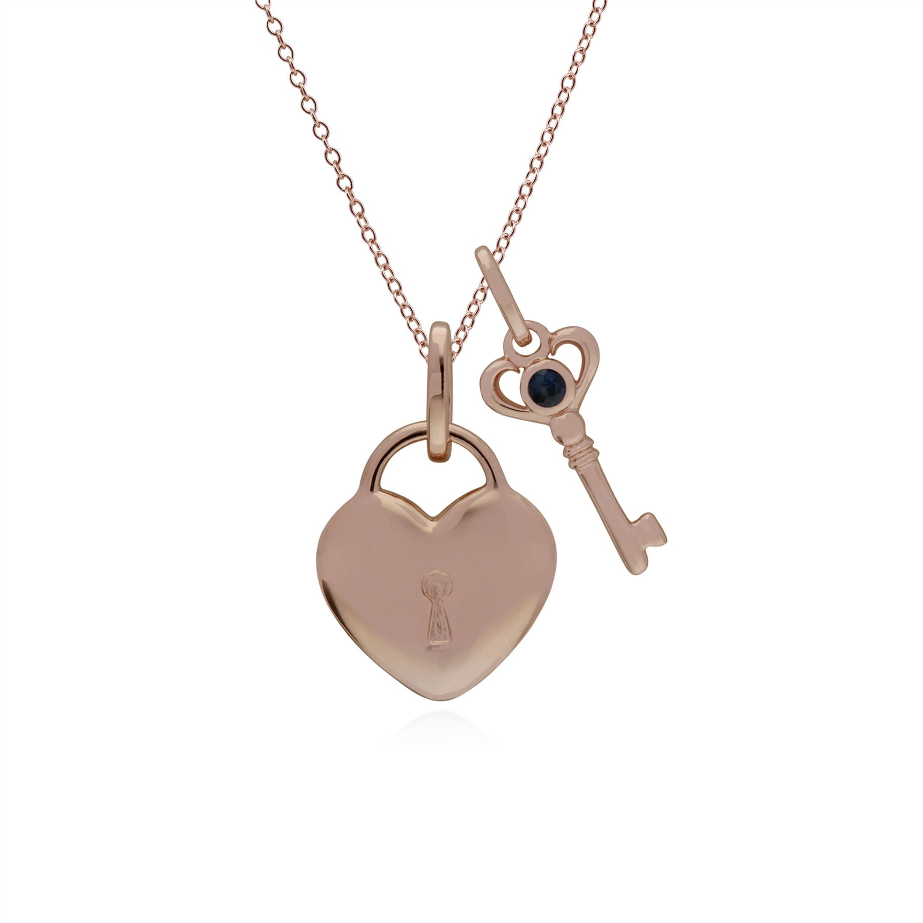 Ciondolo classico con lucchetto a cuore in argento 925 placcato oro rosa e ciondoli con chiave in zaffiro