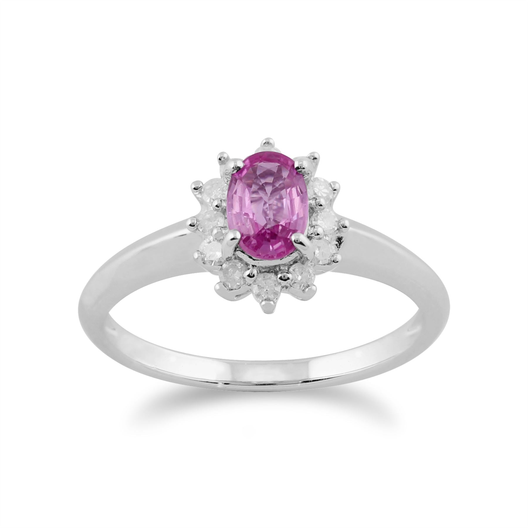Classico anello Halo in oro bianco 375 con zaffiro rosa e diamanti