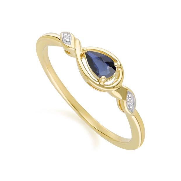 Anello classico in oro giallo 9 carati con zaffiro a forma di goccia e diamanti