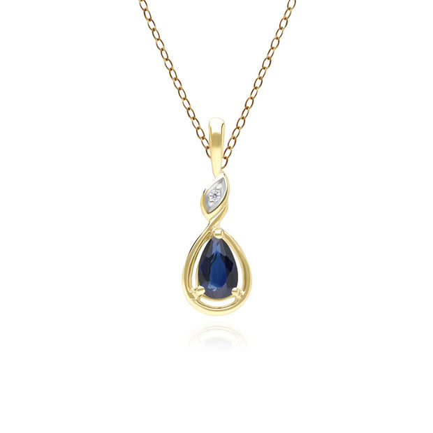 Collana classica con ciondolo a forma di pera in oro giallo 9 carati, zaffiri e diamanti