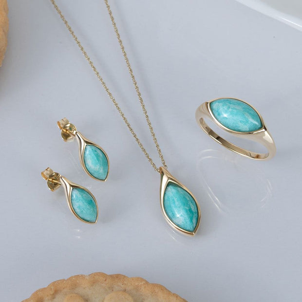 Boucles d'oreilles Clou Classique en or jaune 9 carats avec amazonite marquise