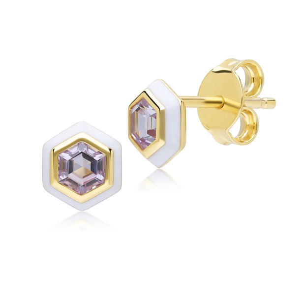 Orecchini a lobo geometrici Hex con ametista rosa e smalto bianco in argento sterling placcato oro fino