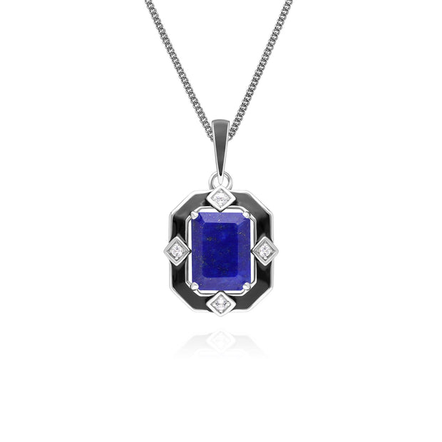 Collier pendentif Grand Deco en argent sterling, émail noir, lapis-lazuli et topaze