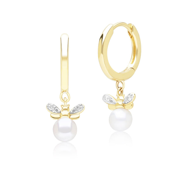 Orecchini a cerchio con ape in stile nido d'ape in oro giallo da 9 ct con perla e diamante