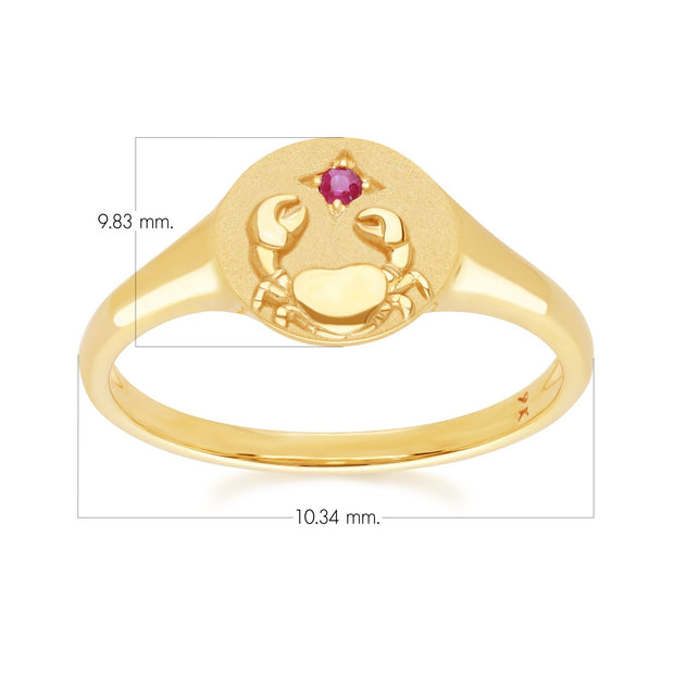 Anello con sigillo dello zodiaco del Cancro in oro giallo da 9 ct con un rubino