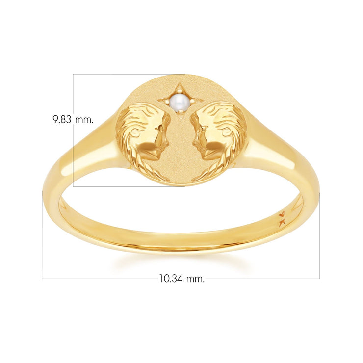 Anello con sigillo dello zodiaco Gemelli in oro giallo da 9 ct con una perla