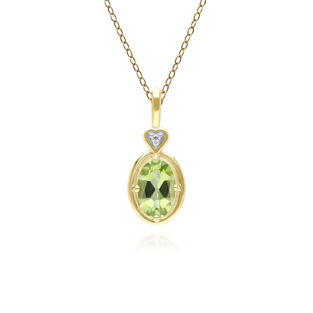 Collier pendentif coeur classique en or jaune 9 carats avec péridot ovale et diamant