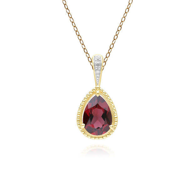 Collier classique avec pendentif en forme de poire, grenat et diamants en or jaune 9 carats