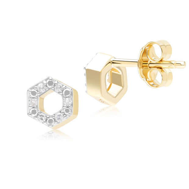 Orecchini a lobo geometrici esagonali in oro giallo da 9 ct con diamante