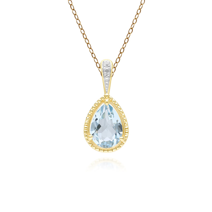 Collier classique avec pendentif en forme de poire, aigue-marine et diamants en or jaune 9 carats